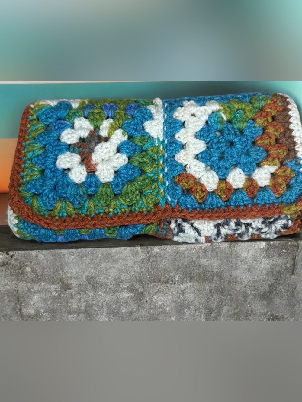Handmade Blue, Green & White Crochet Granny Square Foldover Clutch